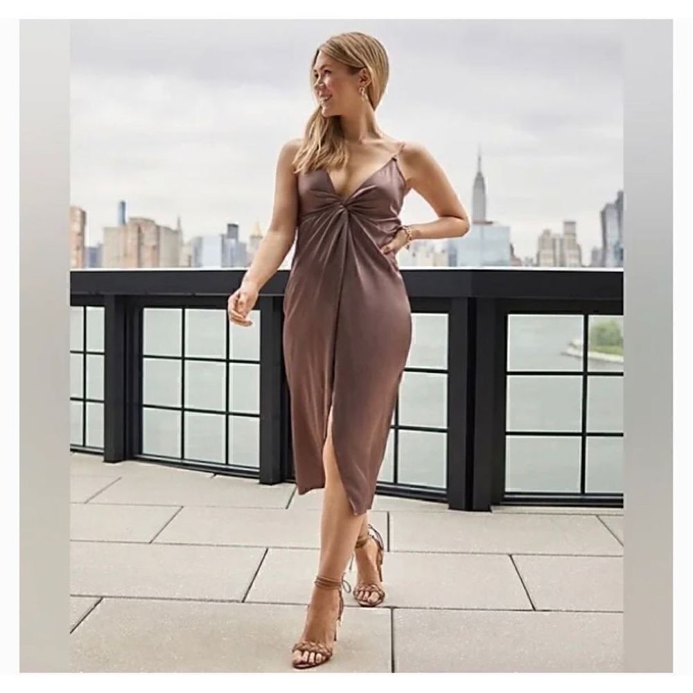 Express Women’s Brown Chain Strap Twist Front Midi Dress